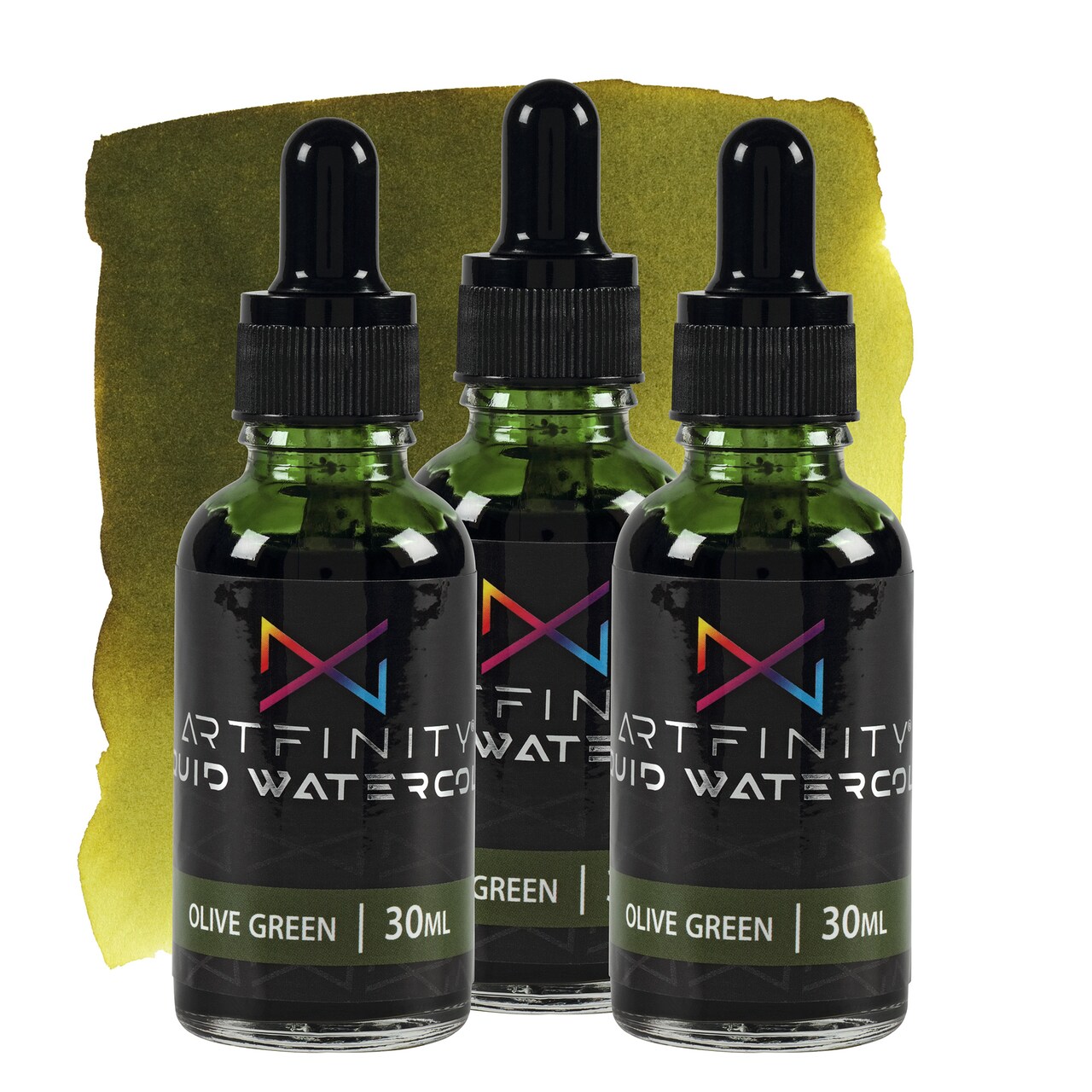 Artfinity Liquid Watercolor Paint 30 ml Bottle - 3 Pack, Olive Green - Vibrant Dye-Based Liquid Watercolor w/ Glass Pipette, Fast-Drying, Fine Art Paint for Calligraphy, Airbrushing & Traditional Art